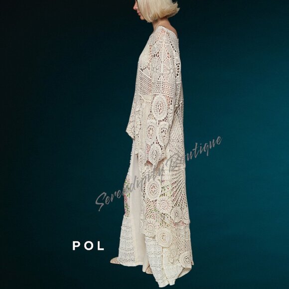 POL Bohemian Victorian Floor Length Hi Low Semi Sheer Crochet Oversized Top - Picture 9 of 13